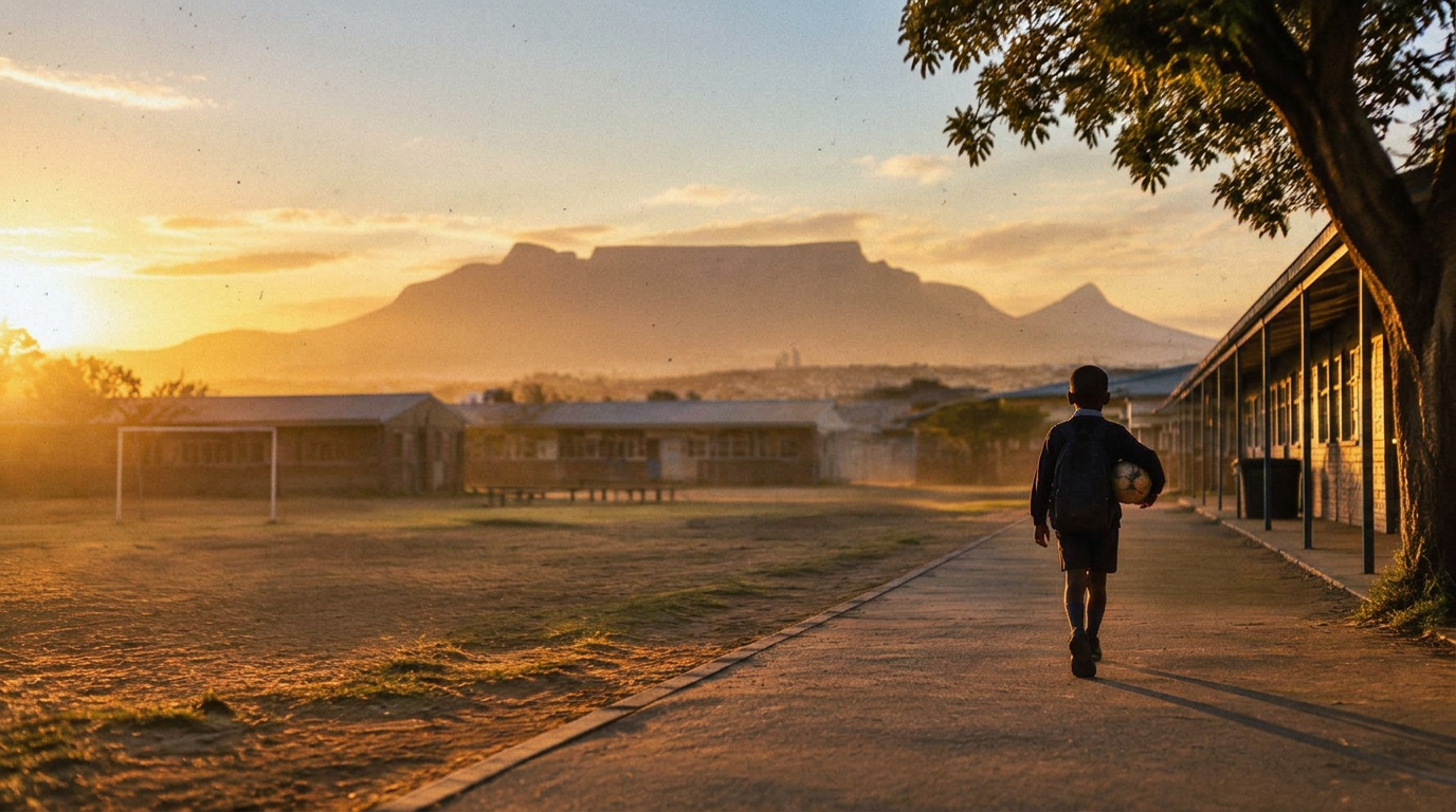 Illustrative photograph of a young learner seen from behind, walking toward a Western Cape school at golden hour with a backpack and a football under his arm