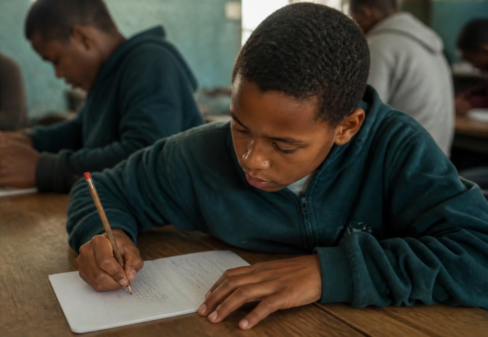 A scholar leaning over a lined notebook, working through mathematics problems with a pencil