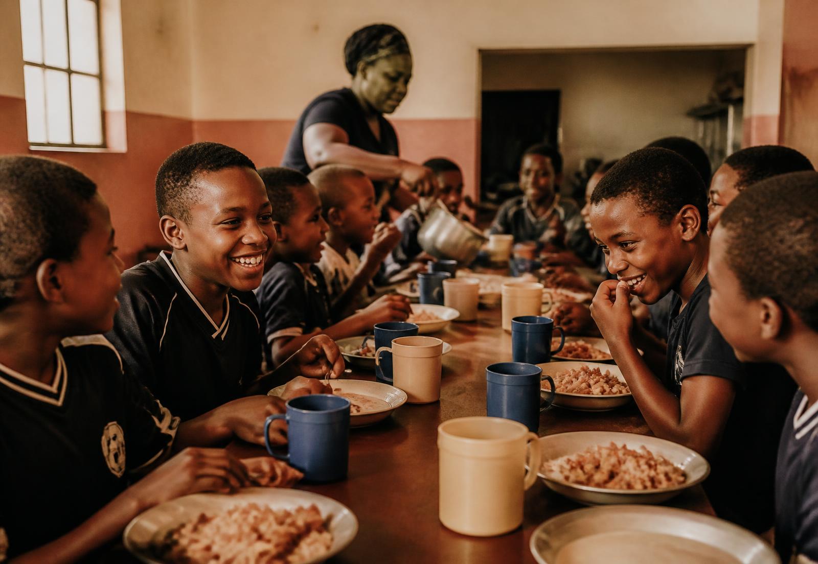 Scholars sharing a hot meal together at a long table after training, with an adult serving in the background
